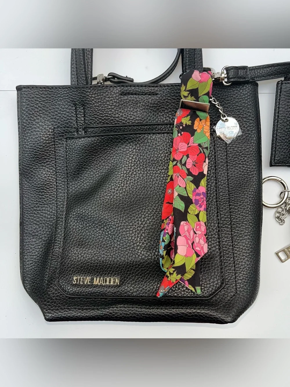 Steve Madden Black Leather Crossbody Tote with Floral Charm Scarf
